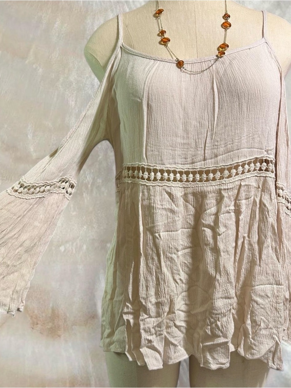 Boho Cold-Shoulder Crochet-Trim Tunic Blouse in Cream